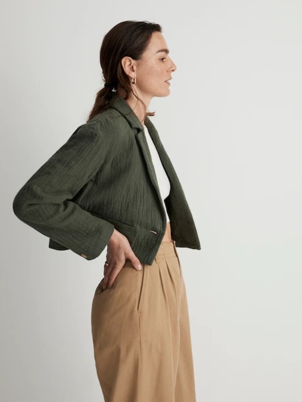 Madewell The Drop-Shoulder Crop Blazer Jacket Cotton-Linen Foraged Green S - Picture 3 of 13